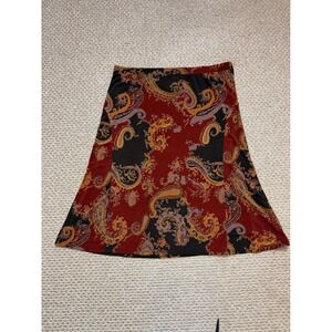 Red Black Paisley A-Line Midi Skirt Size Stretch Boho coastal fall euro summer
